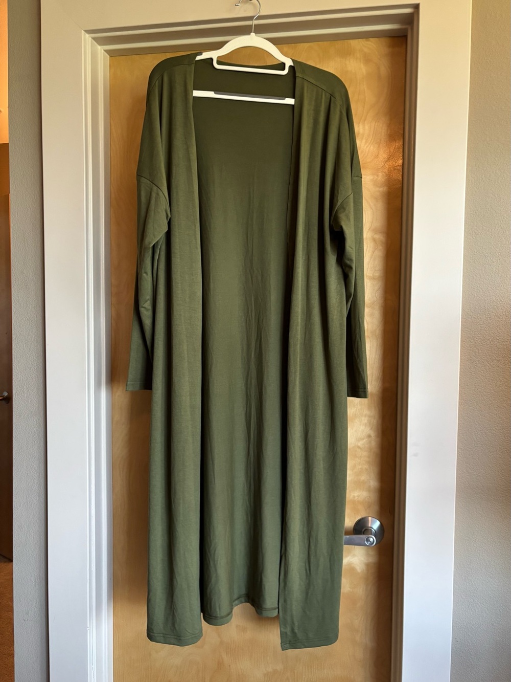 Kirundo Long Duster Cardigan Olive Green Open Front Maxi Drapey Jersey L